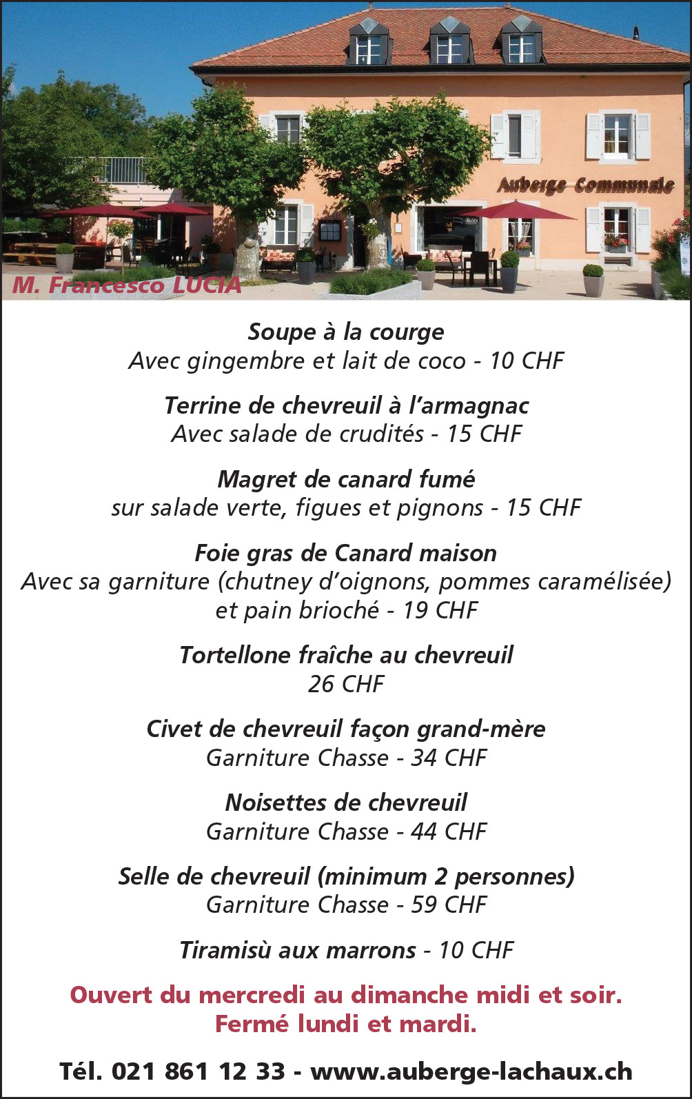 auberge la chaux chasse 2024